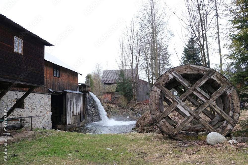 Old wooden sawmill with running water in the village of Jurgow, Lesser Poland, Spisz, Poland