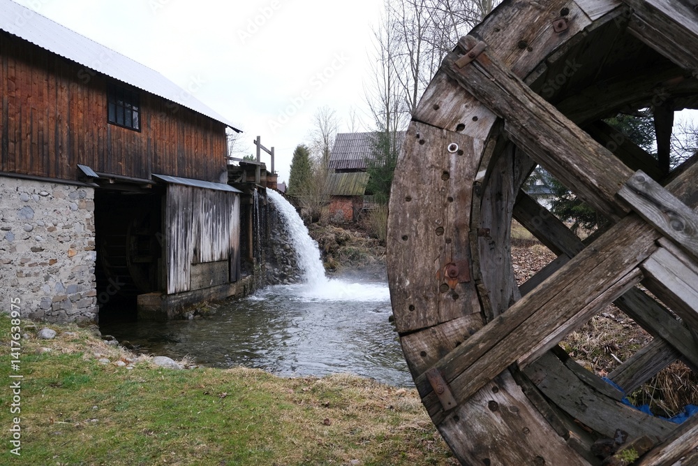 Old wooden sawmill with running water in the village of Jurgow, Lesser Poland, Spisz, Poland