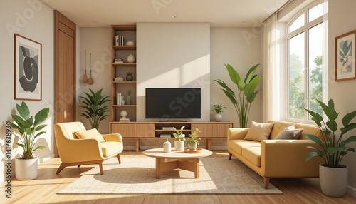 Sunlit living room showcasing a yellow sofa and armchair, accentuated by indoor plants and wooden furnishings for a tranquil ambiance.
