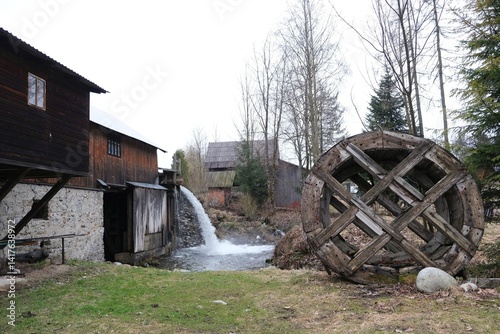 Obraz na płótnie Old wooden sawmill with running water in the village of Jurgow, Lesser Poland, Spisz, Poland w salonie