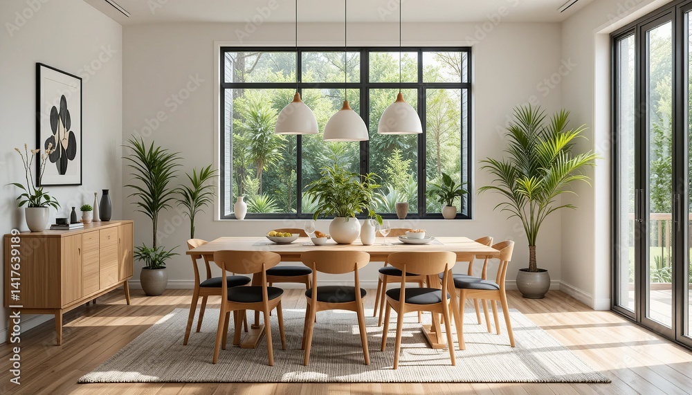 Fototapeta premium Bright dining room with natural light, wooden table and chairs, neutral tones, and indoor plants creating a serene and inviting atmosphere.