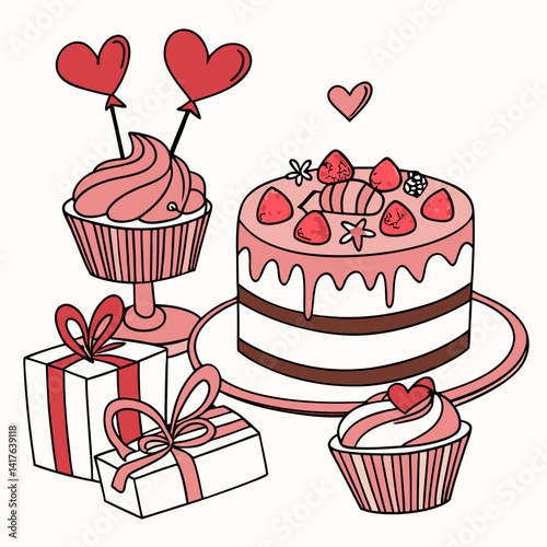 Valentine's day cupcake vector. Valentine's cake, cupcake and sweet dessert, gift elements decoration. Vector illustration cup cake element