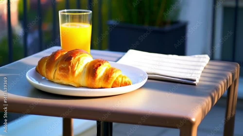 Minimalist summer breakfast on small balcony table, realistic video style, warm natural tones, cozy lifestyle concept