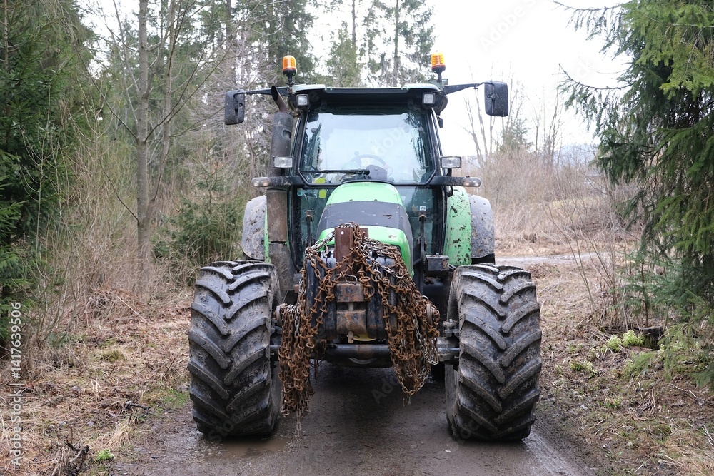 Tractor with chain on a country road.