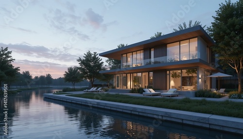 Waterfront modern house with serene views, perfect for relaxing by the lake. Tranquil living at its finest with stylish architecture.