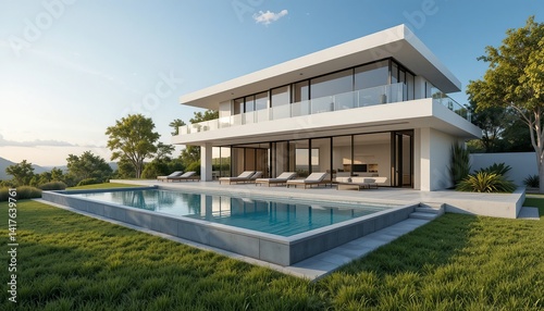 Wallpaper Mural Contemporary house with a swimming pool in a green landscape. Architecture and design in nature meet elegance and serenity. Torontodigital.ca