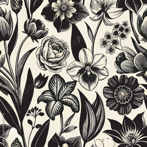 Delicate high contrast black and white ink etchin