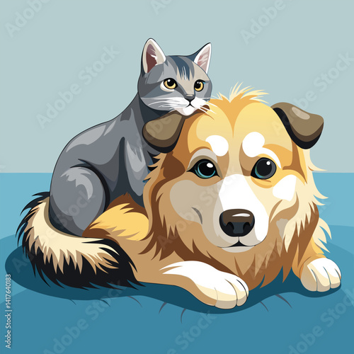 A golden retriever gently rests its head on a fluffy grey and white cat lying on a light-colored floor