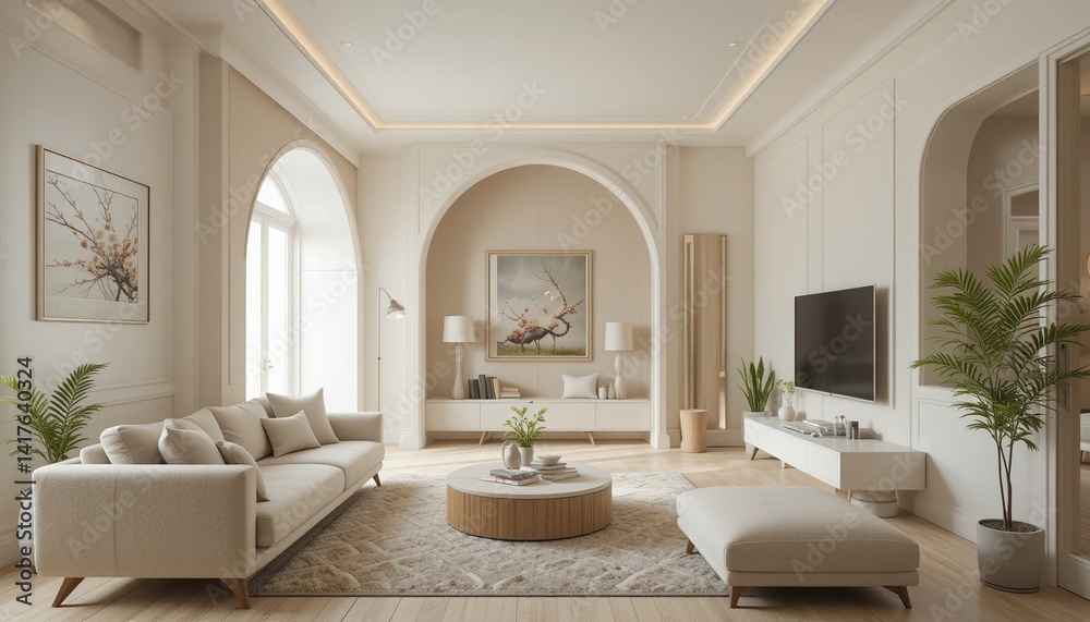 Fototapeta premium A bright living room with neutral tones, featuring an arched entryway, modern furniture, and natural lighting, creating a calm atmosphere.