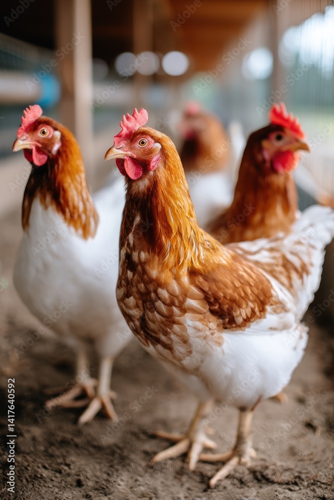 Fototapeta premium Chickens in barn, pecking, farming, poultry farm, animal husbandry, livestock