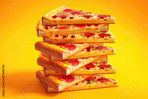 Stack of pizza slices in a vibrant fast food ad style
