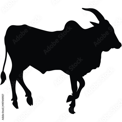 Black silhouette of a Brahman cow jumping, with its distinctive hump