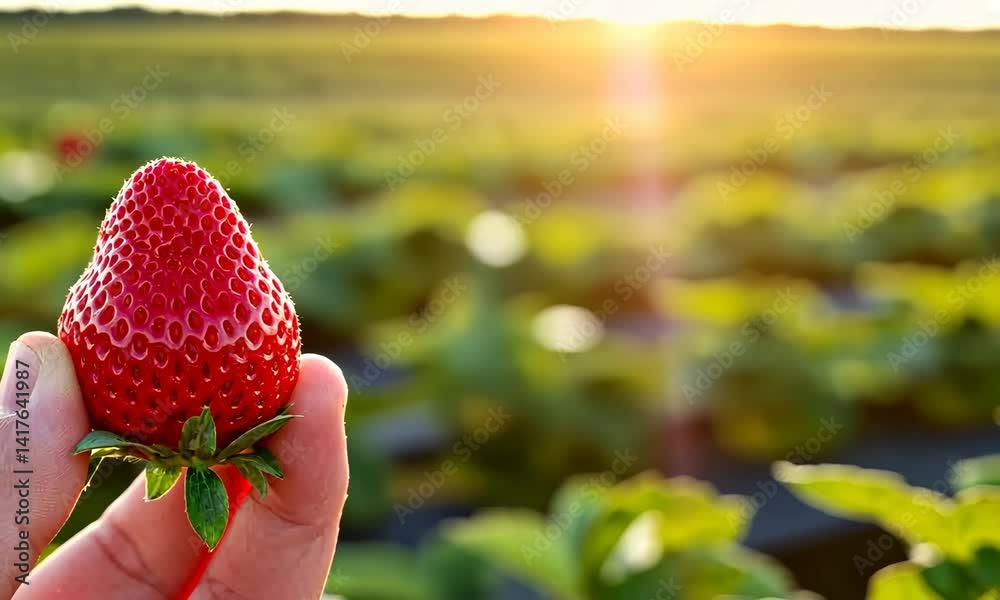 Close-up of hand holding ripe strawberry in field at sunset