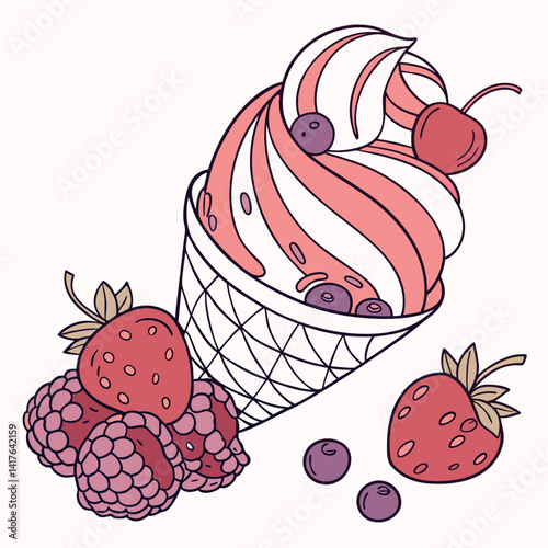 Vector art illustration of berry ice cream. Soft sweet, creamy