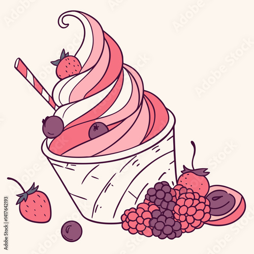 Vector art illustration of berry ice cream. Soft sweet, creamy