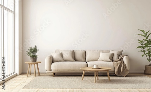 Modern beige living room interior with sofa, coffee table, and plants