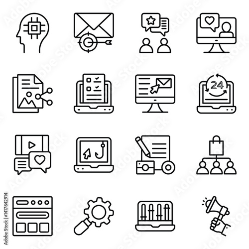 Digital marketing icons depict online outreach data analytics and engagement tools