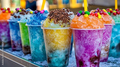 Colorful shaved ice treats for sale at a street vendor