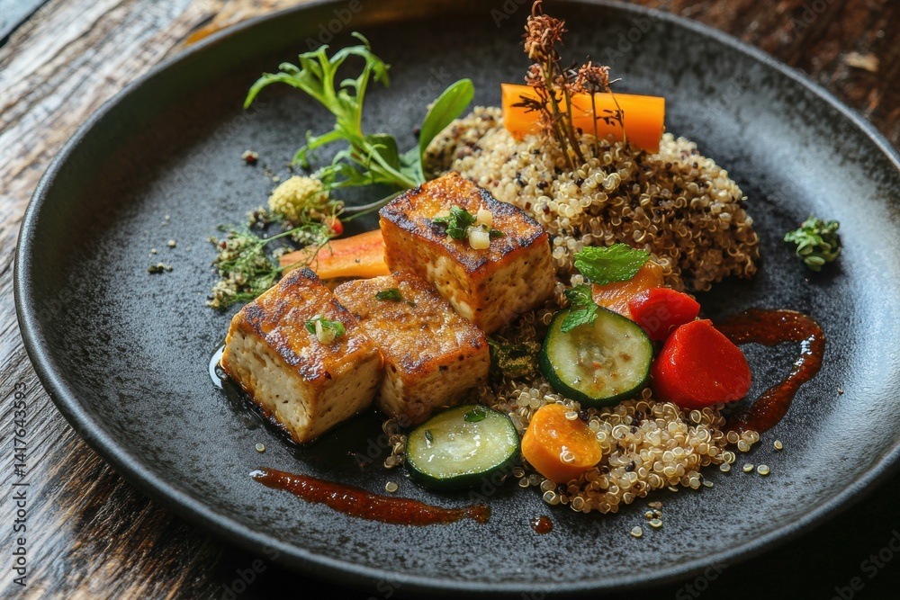 Grilled tofu and quinoa salad with vegetables on black ceramic plate
