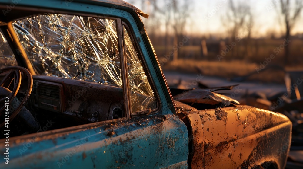 Fototapeta premium Broken car window, accident scene, rural road, sunset