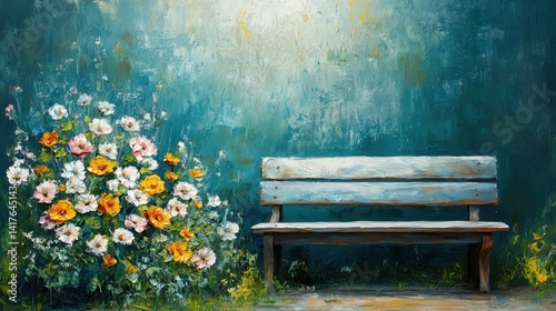 Serene Outdoor Scene with Wooden Bench and Colorful Flower Bed Beside a Tranquil Teal Wall