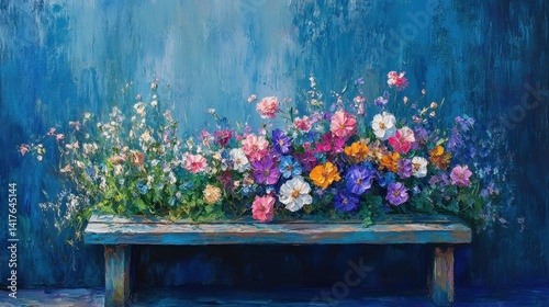 Colorful Blooming Flowers in a Rustic Wooden Planter Against a Blue Textured Background