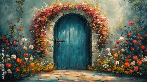 Beautiful Floral Archway Leading to Vintage Blue Door Surrounded by Colorful Roses and Lush Greenery