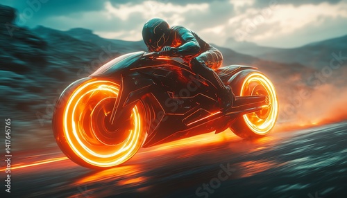Futuristic motorbike speeding through a dramatic landscape. Glowing wheels, intense speed.