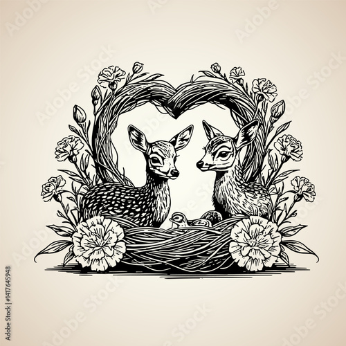 TWO DEER IN LOVE ENGRAVING STYLE GRAPHIC DESIGN