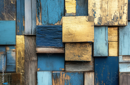 Wooden art installation featuring blue and gold textures indoor gallery artistic display contemporary environment aesthetic perspective