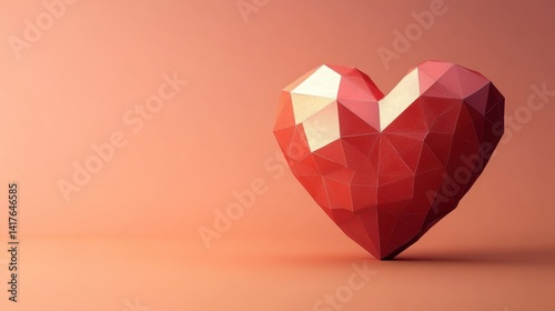 Low Poly Red Heart on Soft Peach Background for Romantic and Creative Imagery