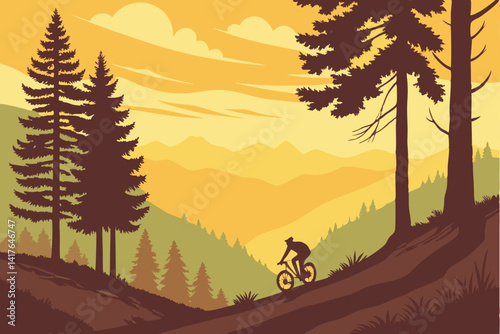 56 Scenic mountain biking, sunset landscape, forest trail, silhouette cyclist, pine trees, golden sky, distant mountains, serene wilderness, digital illustration, vibrant colors, atmospheric lighting,