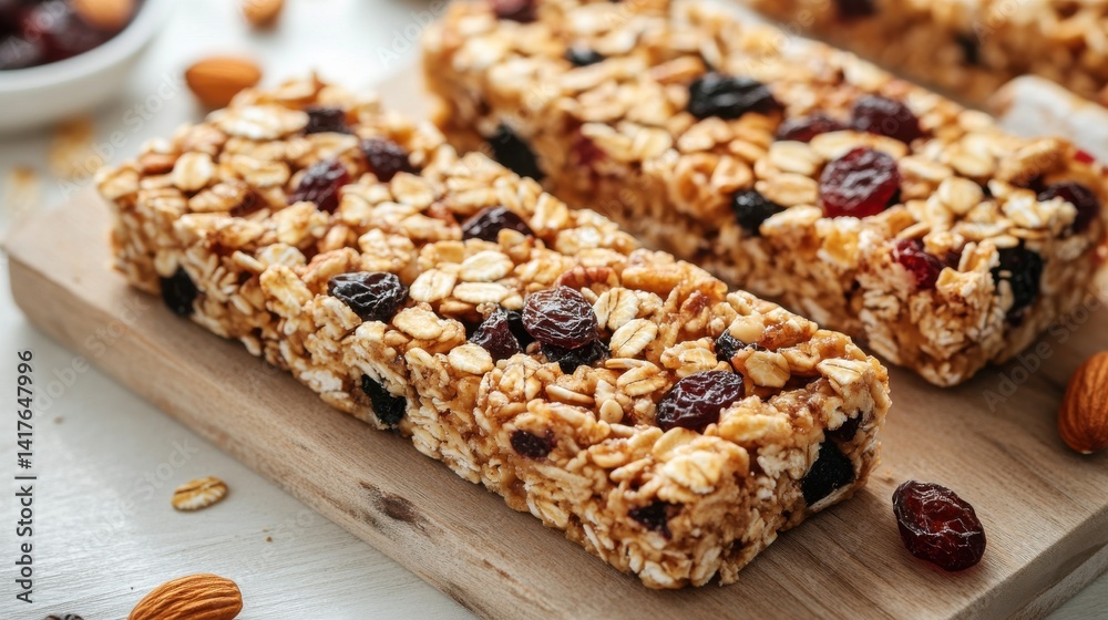 Several granola bars with oats and dried cranberries on a wooden board, creating a healthy and convenient snack. Several granola bars with oats and dried cranberries on a wooden board, creating a healthy and convenient snack.