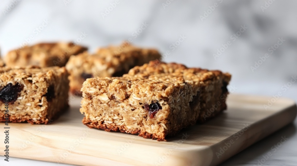 Several granola bars with oats and dried cranberries on a wooden board, creating a healthy and convenient snack. Several granola bars with oats and dried cranberries on a wooden board, creating a healthy and convenient snack.