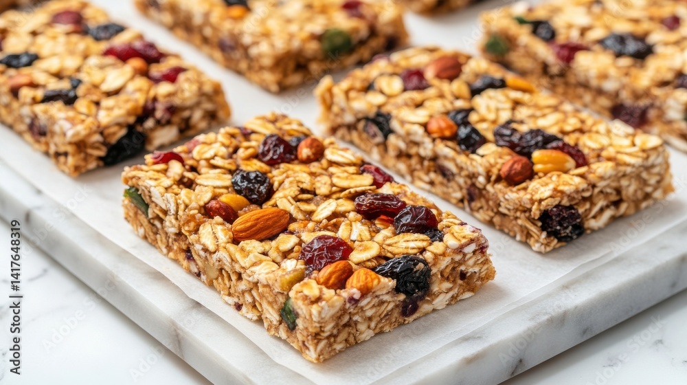 Several granola bars with oats and dried cranberries on a wooden board, creating a healthy and convenient snack. Several granola bars with oats and dried cranberries on a wooden board, creating a healthy and convenient snack.