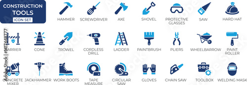 Construction tools icon set - Solid icon collection.