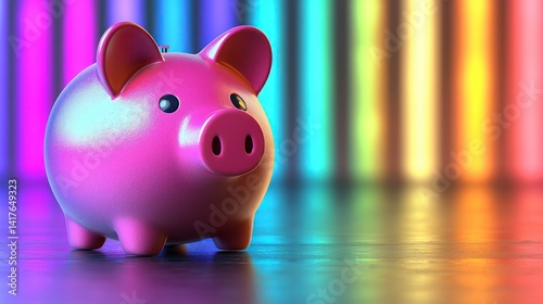 Piggy bank reflecting neon lights