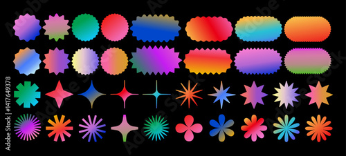 Set of minimalist vector geometric shapes with gradients. Modern symbols, labels, and icons. Stars, flowers, and circles with zigzag edges