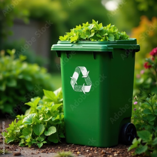 Garden waste bin filled with green garden trimmings in a well-kept outdoor space, fresh cut grass, waste management