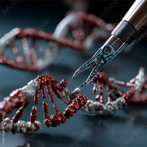 3D rendering of DNA strands being edited with CRISPR technology interface