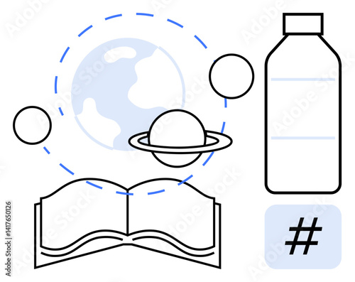 Open book beside Earth with orbiting planets, bottle, and metadata tag. Ideal for sustainability, education, recycling, eco-awareness, global responsibility, innovation simple landing page