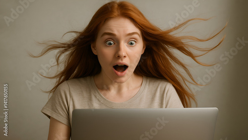 Shocked Woman Reacting to Screen with Windblown Hair