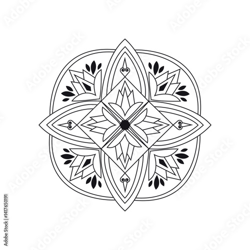 Mandala Hand-Drawn Appearance with Detailed Shading in Black and White Design