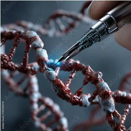 3D rendering of DNA strands being edited with CRISPR technology interface