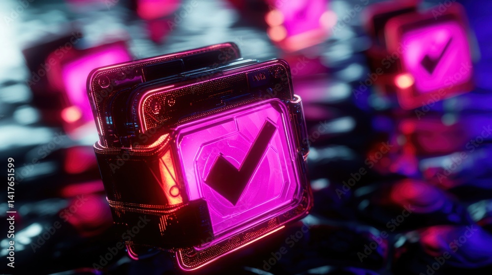 Neon checkmark tech cubes in futuristic setting Neon checkmark tech cubes in futuristic setting