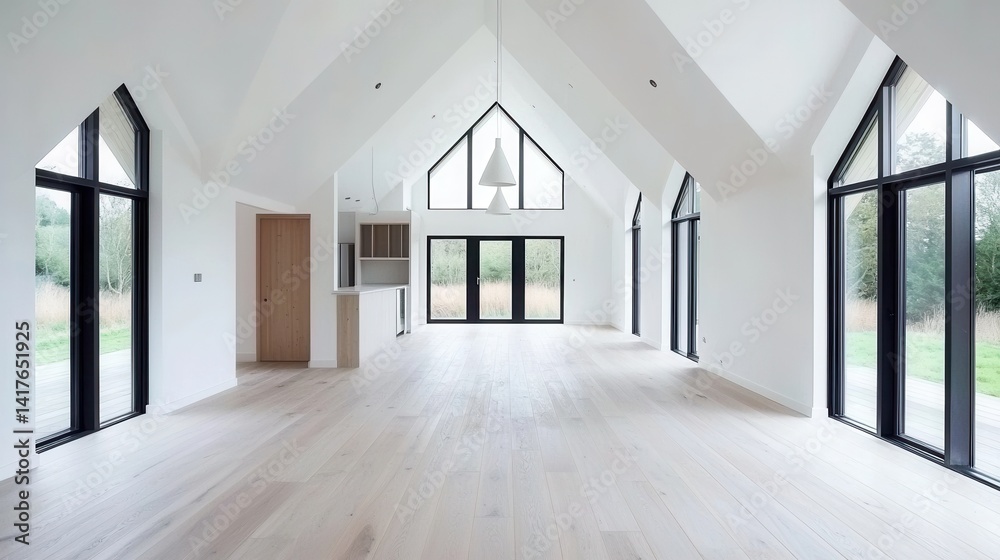 Obraz premium Bright and Spacious Modern Interior with High Ceilings and Windows