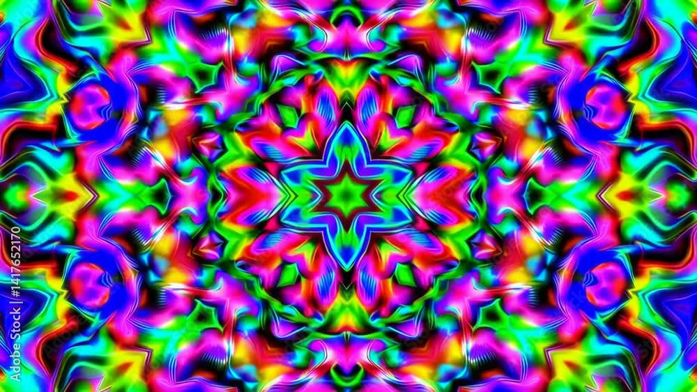 Vibrant kaleidoscope animation with colorful swirling patterns, psychedelic symmetry in endless loop for creative visual backgrounds