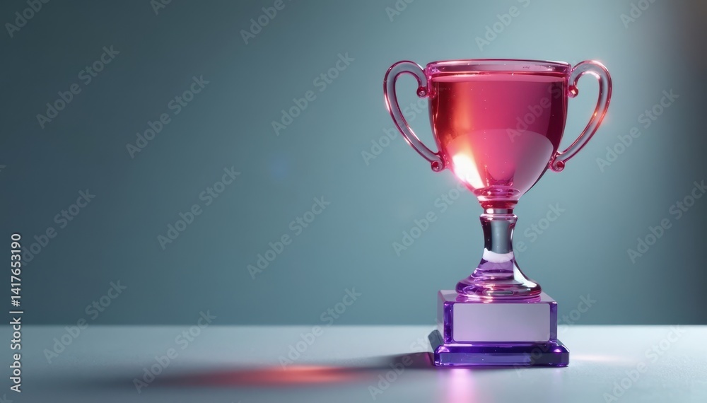 Glass trophy reflects light on gray background, silver, sports award Glass trophy reflects light on gray background, silver, sports award