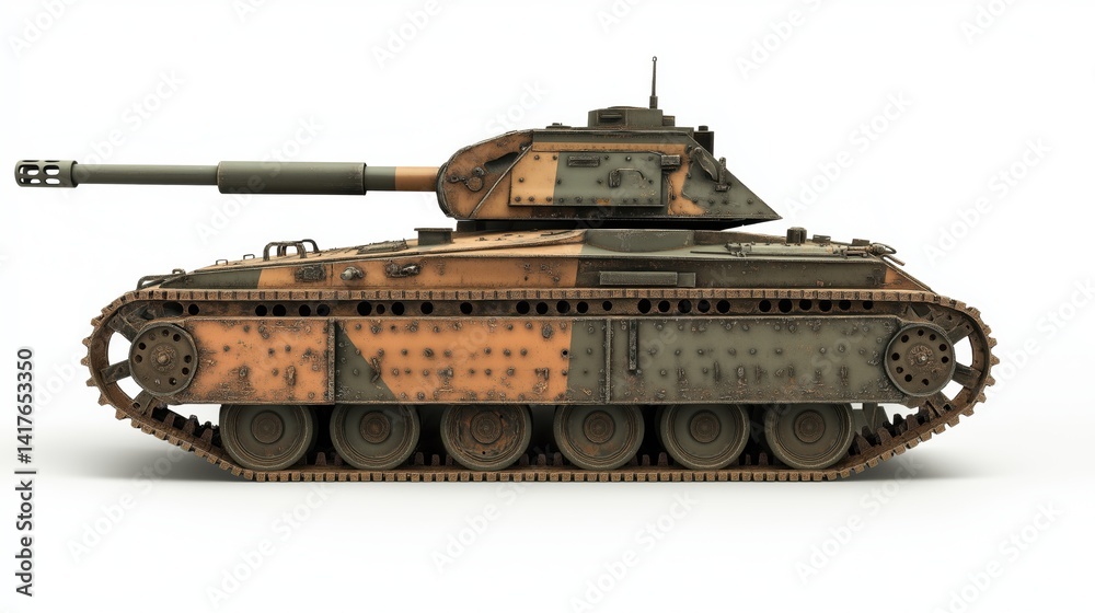 A military tank, rendered photorealistically, showcasing a camouflage pattern of olive drab, tan, and dark green, with visible weathering and rust on the tracks and body. A military tank, rendered photorealistically, showcasing a camouflage pattern of olive drab, tan, and dark green, with visible weathering and rust on the tracks and body.