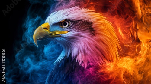 Colorful eagle head portrait engulfed in vibrant smoke and fire.